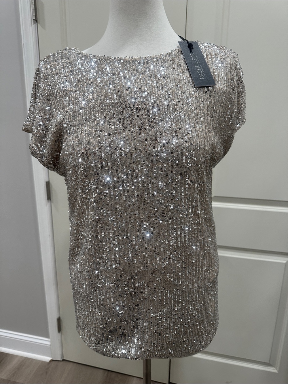 Rachel Zoe Silver Sequin Cap Sleeve Top